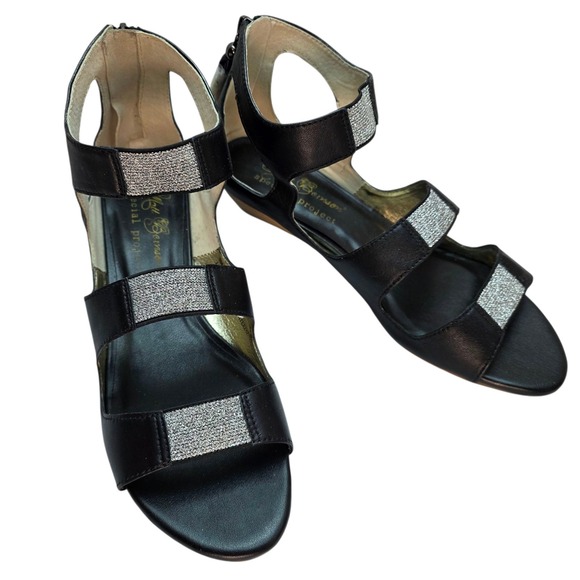 Matt Bernson Shoes - Matt Bernson The T-Strap Project Sandals Black Leather Glitter Wedge 9M NEW